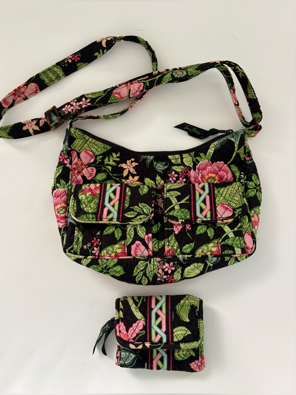 Vintage Vera Bradley Crossbody Bag/Wallet Set Botanica print black/pink/green